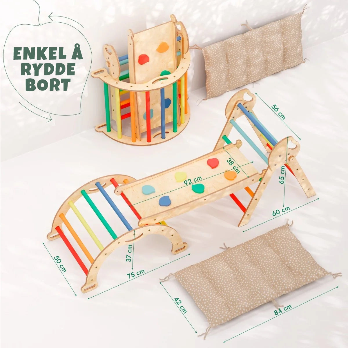 Alle 4 deler av regnbue Montessori klatresett – trekantstige, bue, sklie og pute