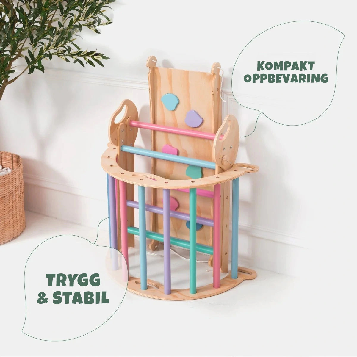 2-sidig sklie i pastellfarger – klatrerampe og rutsjebane i bjørkefiner, barn 1–3 år