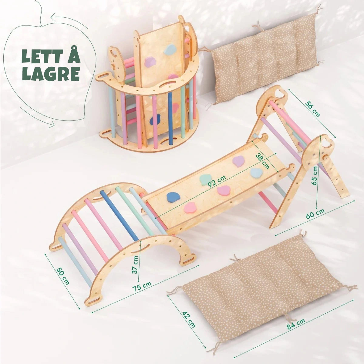 Pastell klatrebue med myk pute – Montessori balanse og gyngelek for småbarn