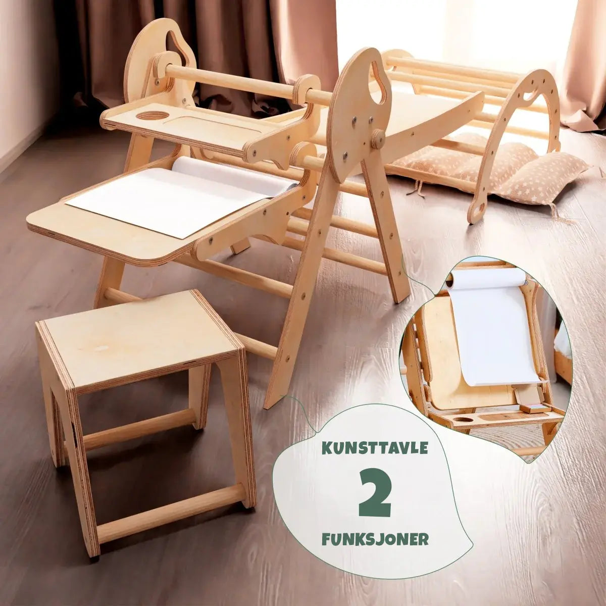 Pikler-trekant med kunsttavle og sklie – 4-i-1 Montessori sett i naturlig tre