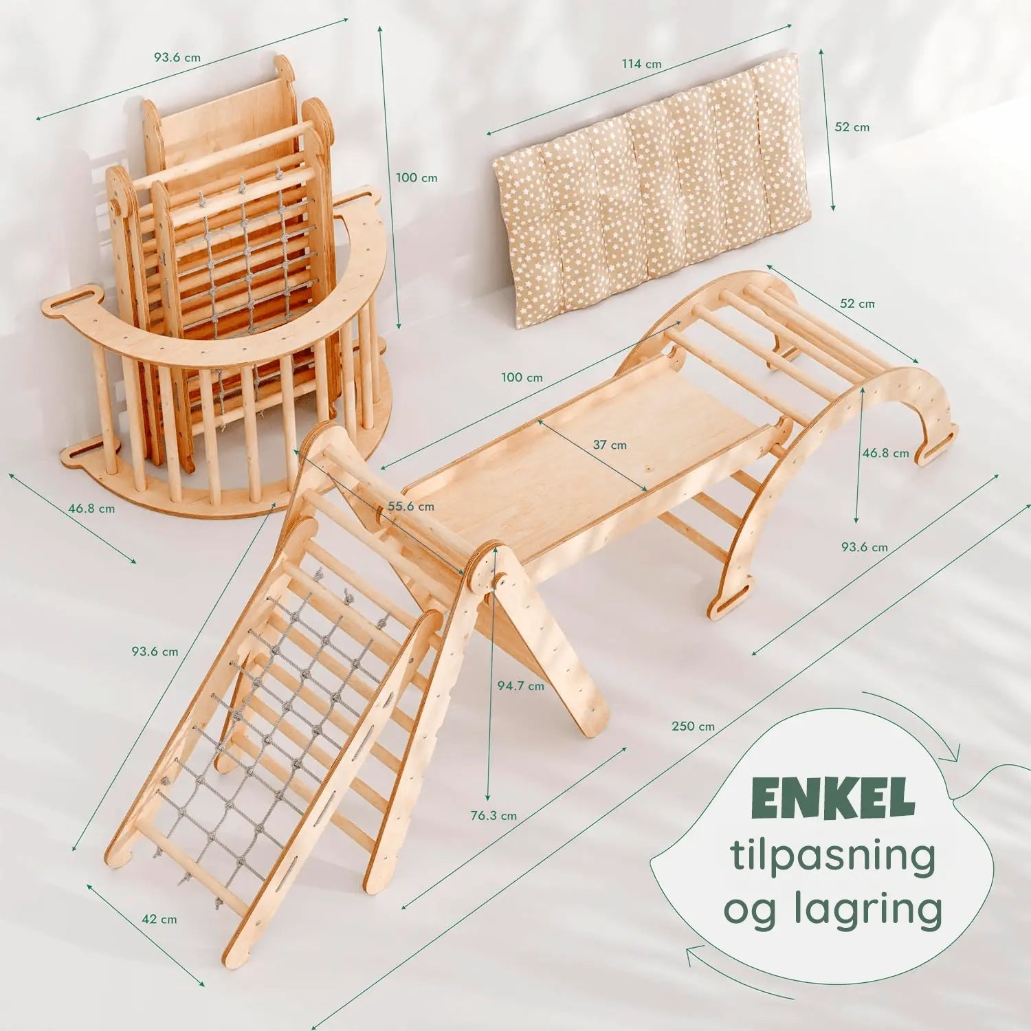 Klatrenett i tre og PP-line på Montessori stativ – koordinasjon og grep for barn