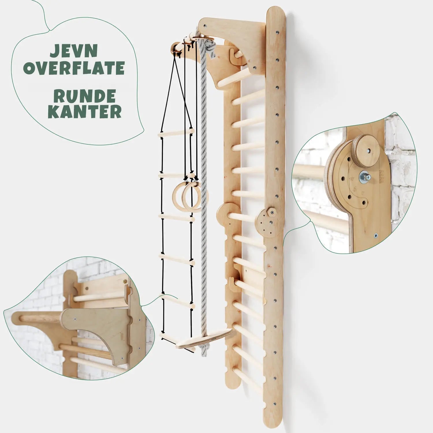 Multiklatrevegg med gymnstikkringer og taustige – komplett aktivitetssystem i tre