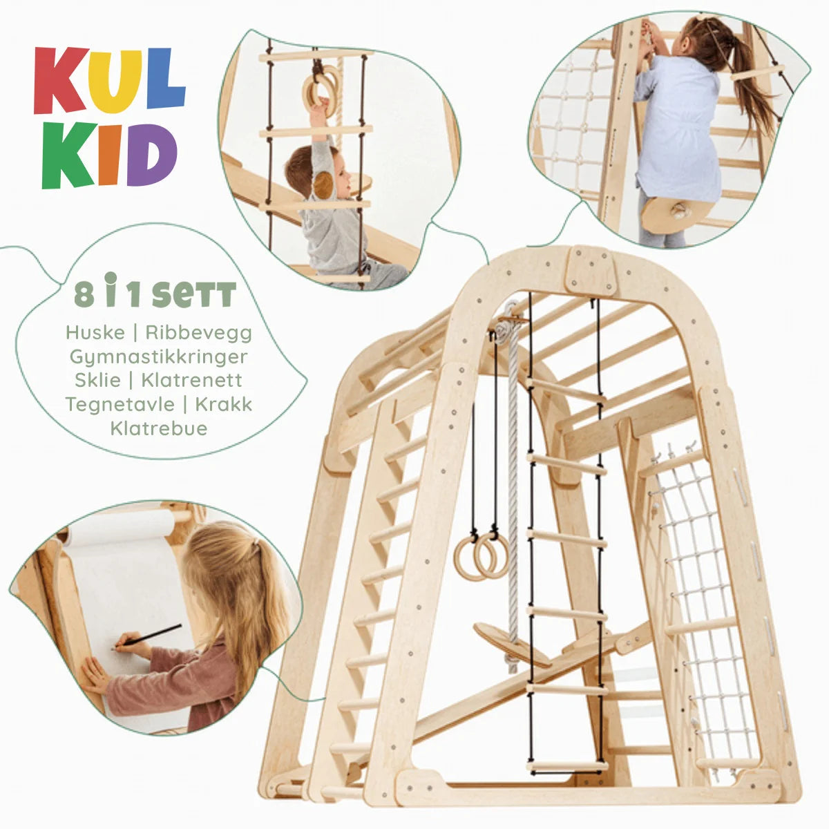 Klatrevegg med tegnetavle og pull-up-stang – 7-i-1 lekesett i bjørkefiner og bøk