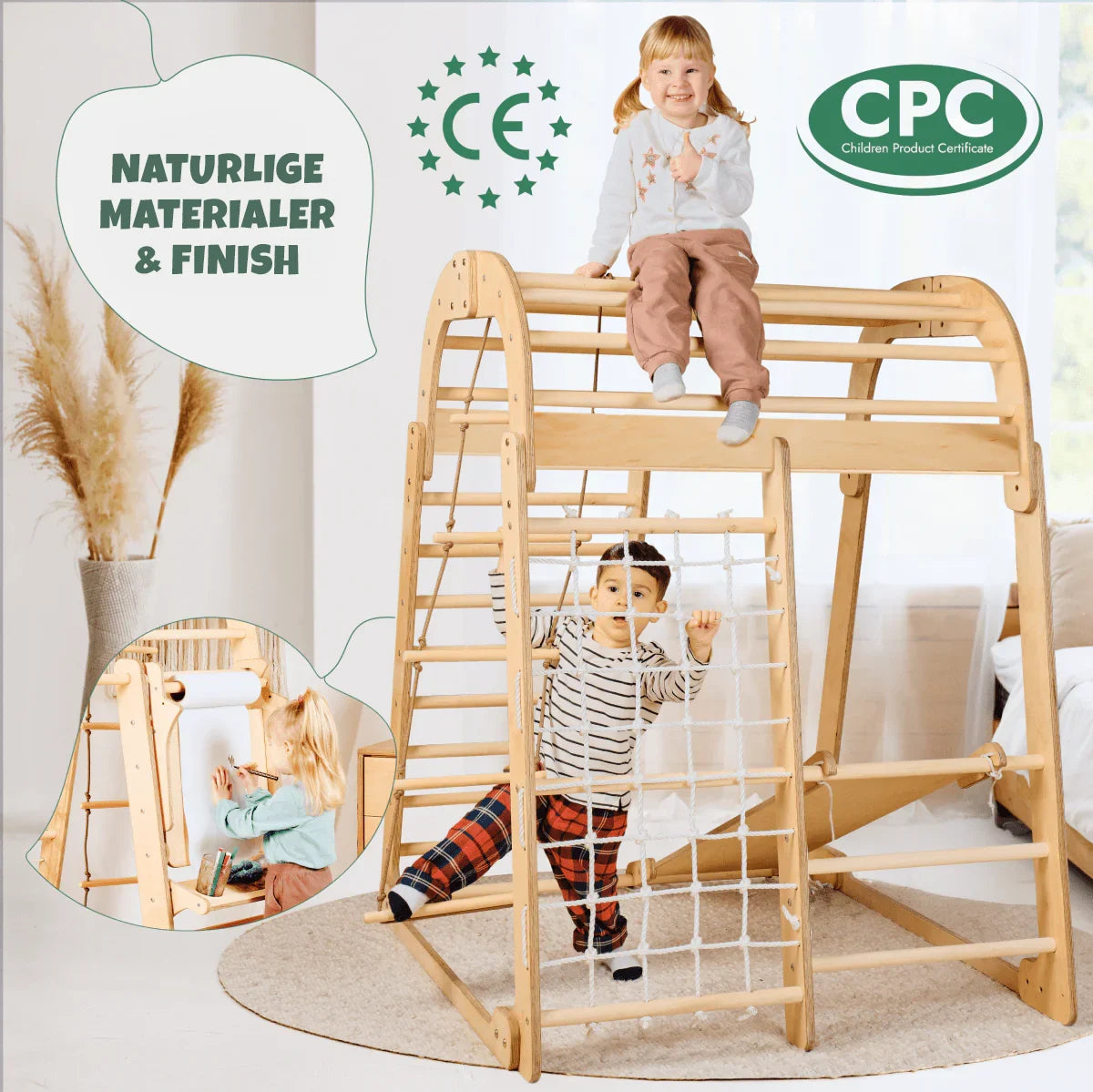 Barn leker på 7-i-1 lekeplass i tre – tallerkenhuske og hengestige, innendørs lek