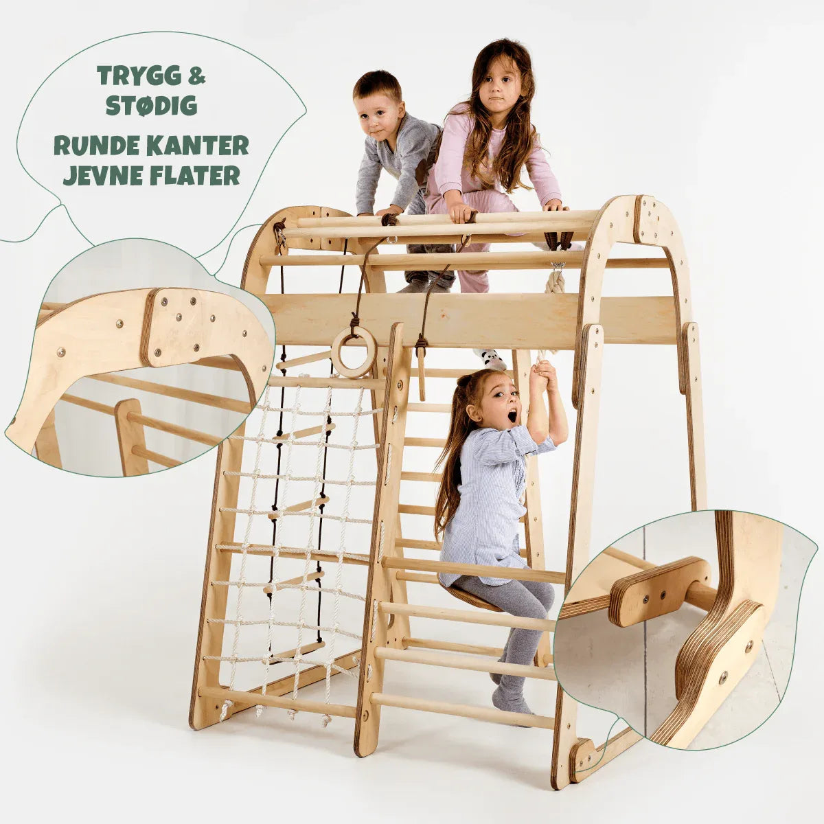 Detalj av innendørs lekeplass i tre – håndslipt overflate, CE-sertifisert, 7 funksjoner