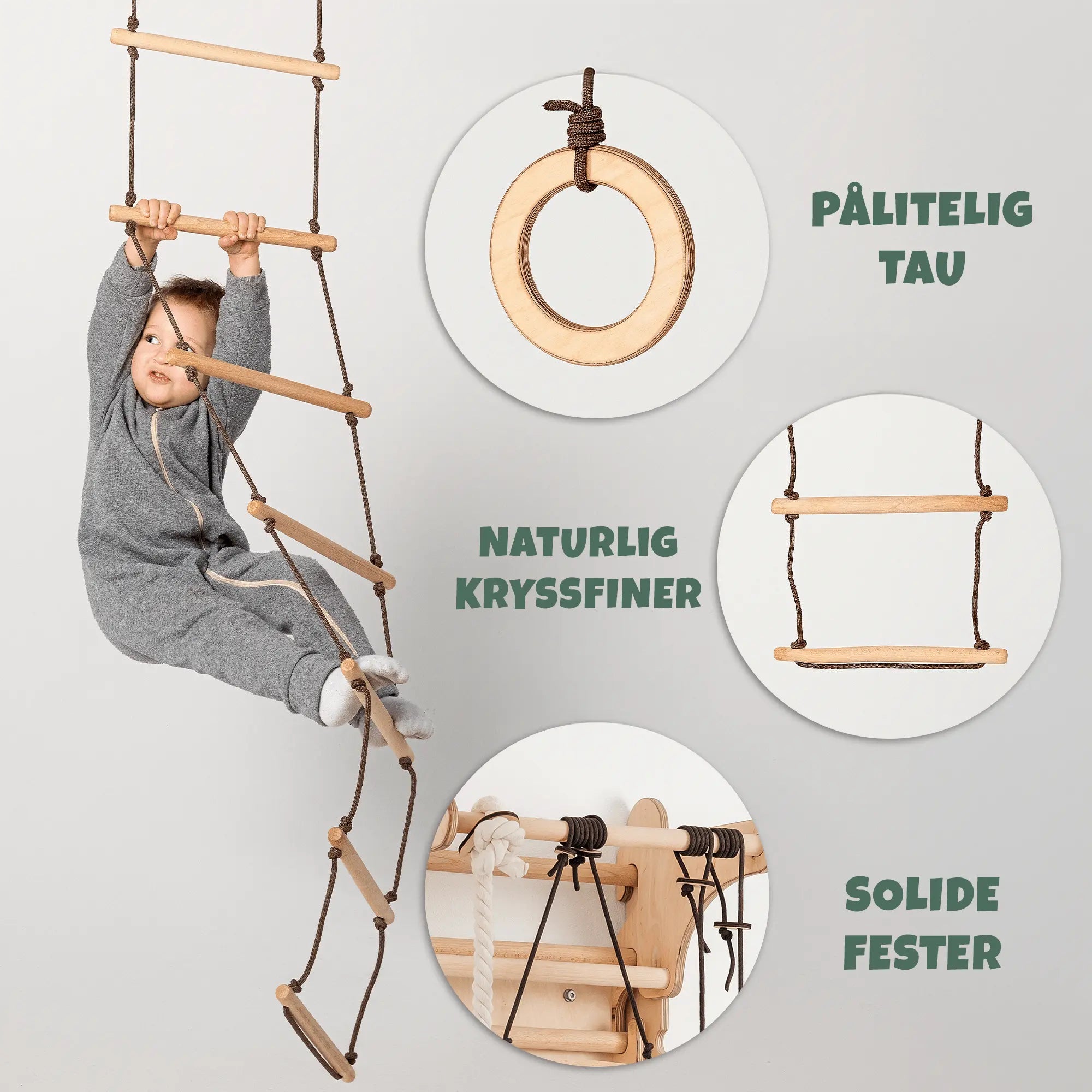 Turnringer i eik for barn – del av 3-i-1 klatre- og huskesett, styrker armer og grep