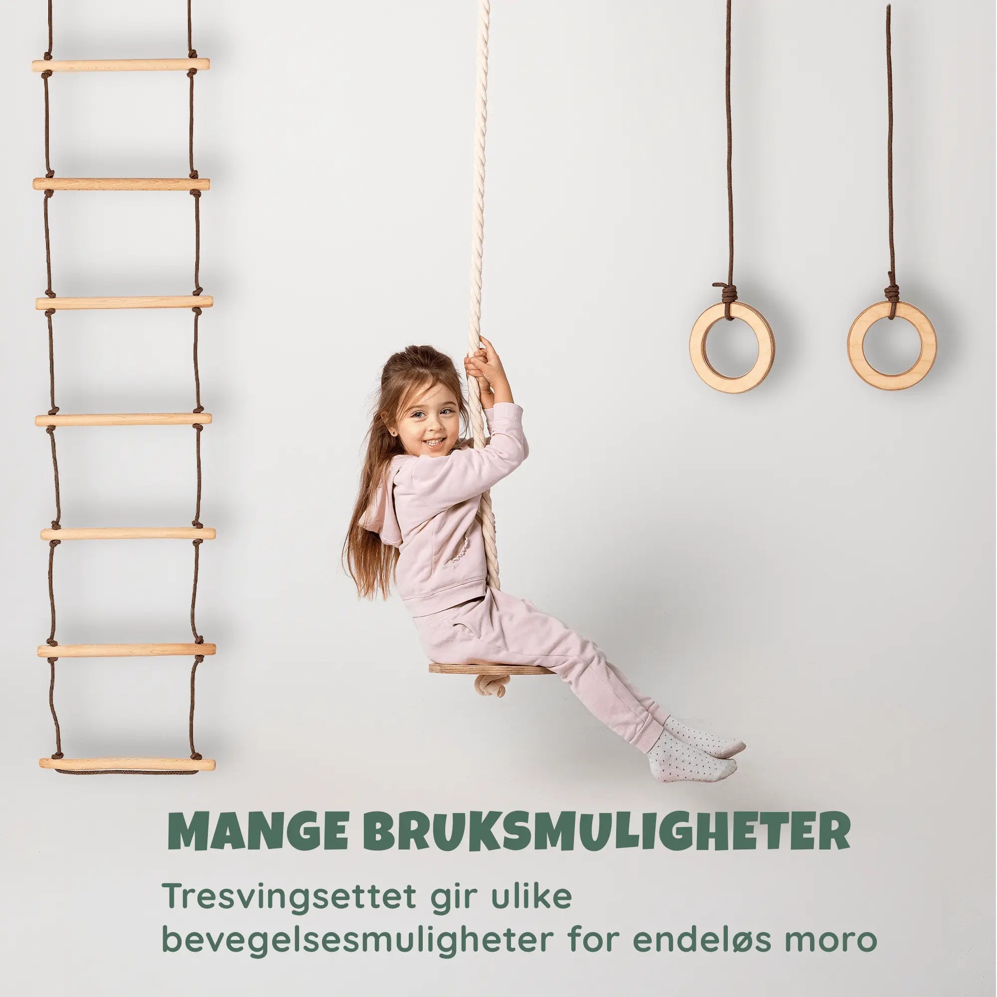 3-i-1 klatre- og huskesett i eik – tallerkenhuske, turnringer og taustige for barn