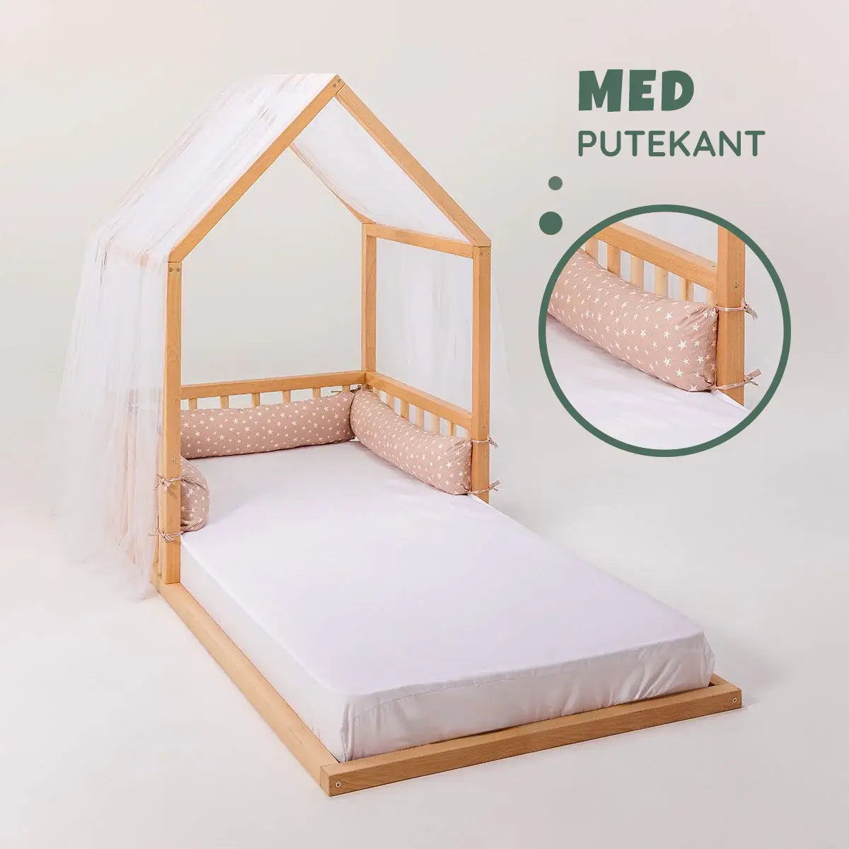 Montessori småhusseng i tre med kalesje – lav gulvhøyde, trygg søvn for toddler