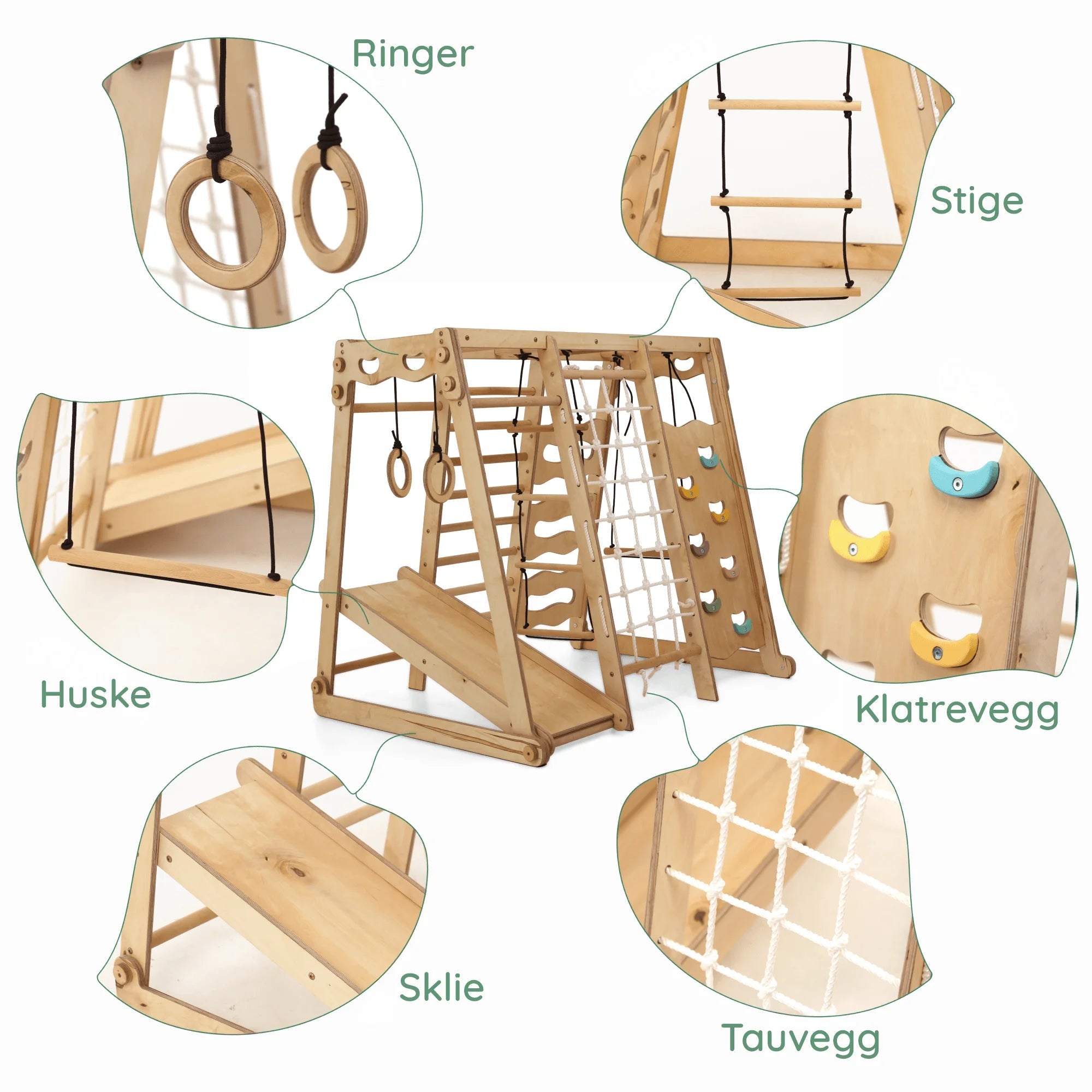 Alle 6 deler av jungelgymmen – sklie, stige, huske, nett, tau og base i bjørkefiner