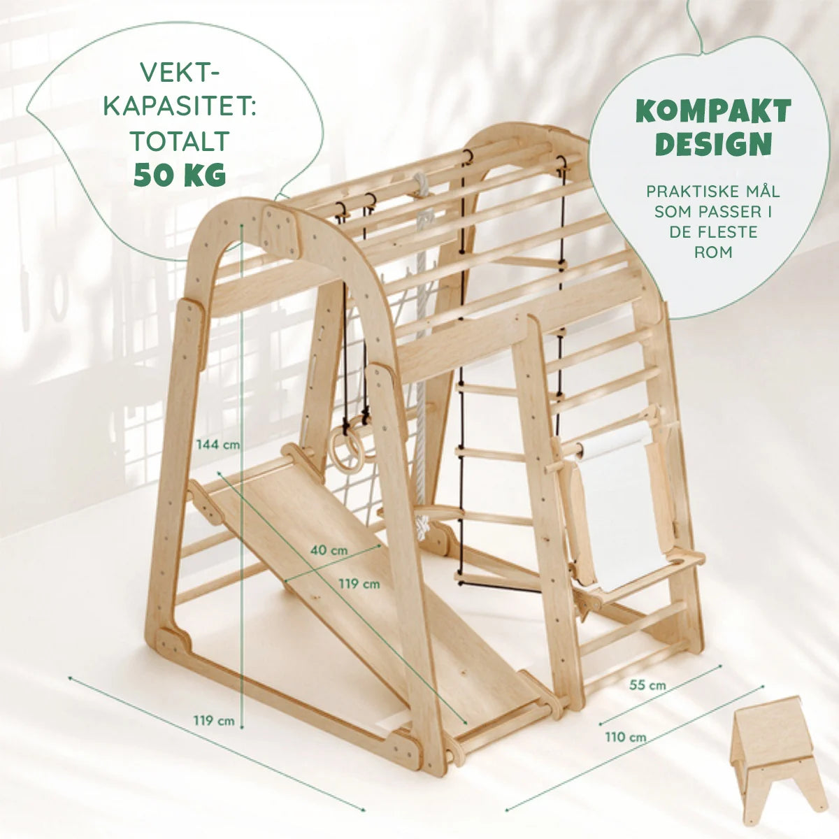 Innendørs lekeplass med ribbevegg og gymnastikkringer – tre, barn, motorikk